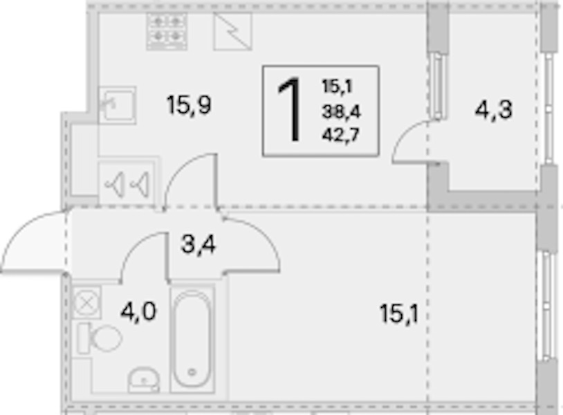 1-комнатная квартира 38.4 м², 4/5 эт., ЖК «ЮгТаун. Олимпийские кварталы»